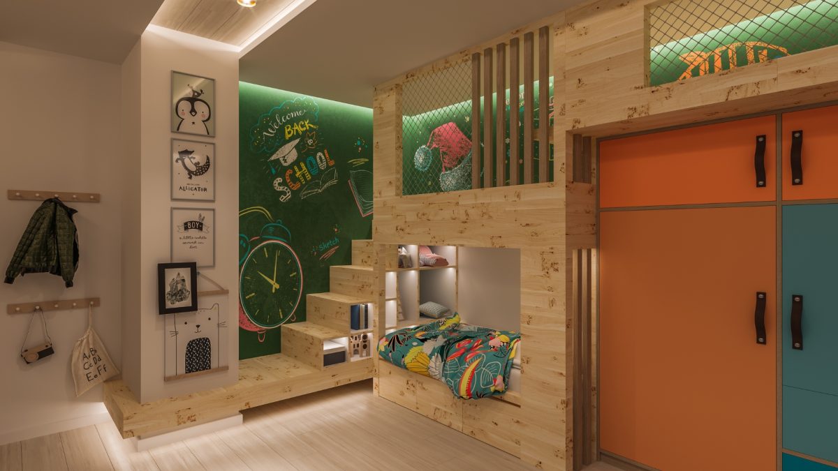 Functional kids room with storage shelves, study desk, and play area