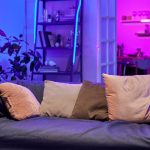 modern living room with layered smart lighting and ambient lamps