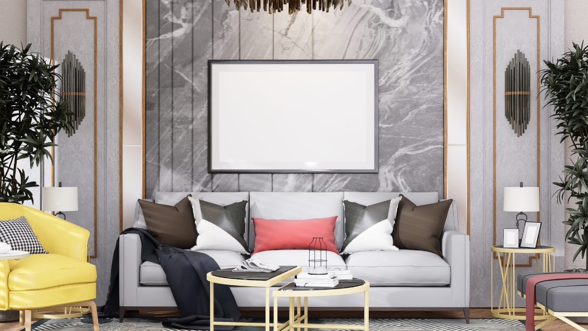 Curved velvet statement sofa in a modern cozy living room styled with bold decor pieces