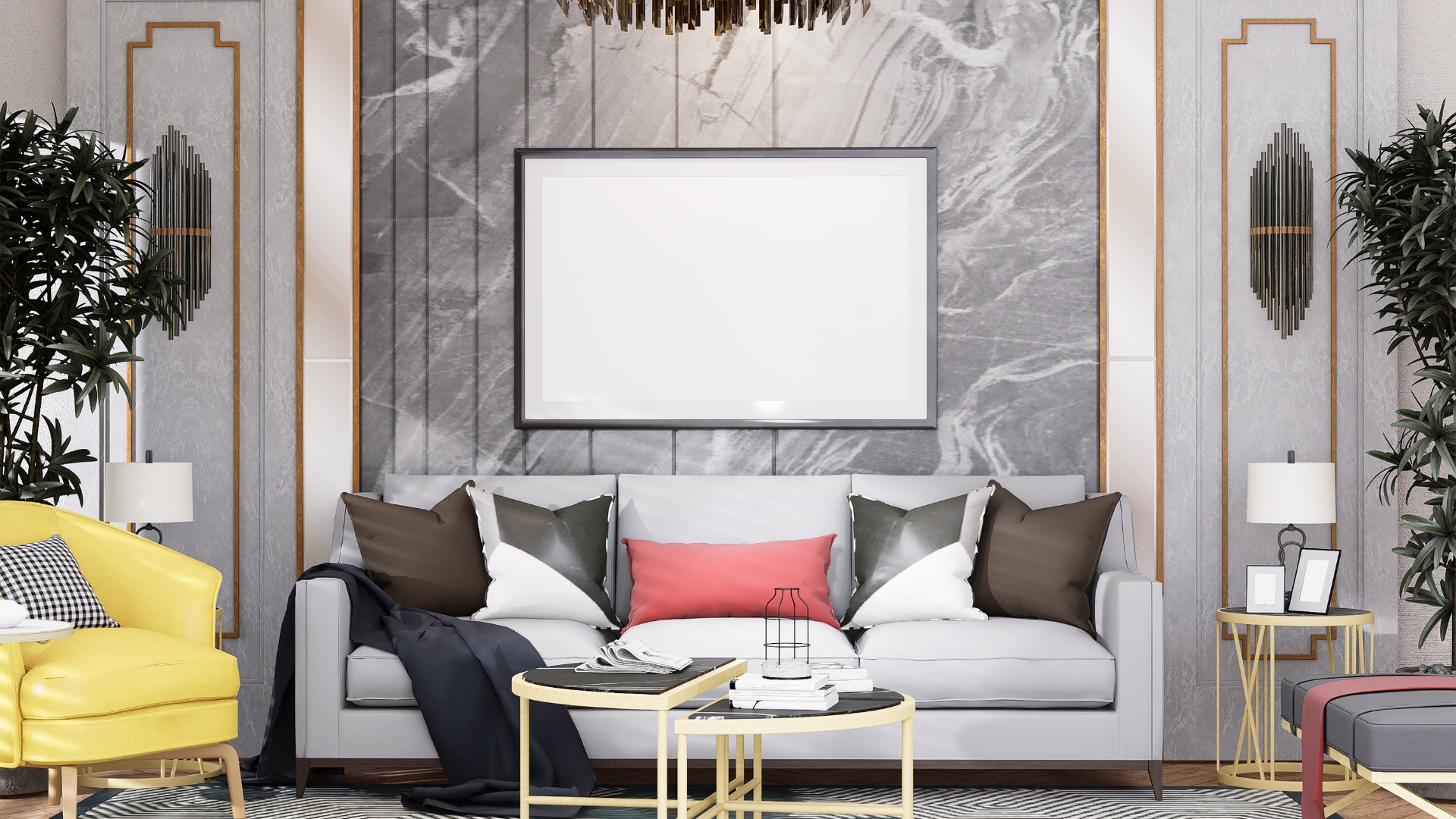 Curved velvet statement sofa in a modern cozy living room styled with bold decor pieces