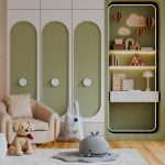 Playful kids room design with smart storage shelves and neutral colors