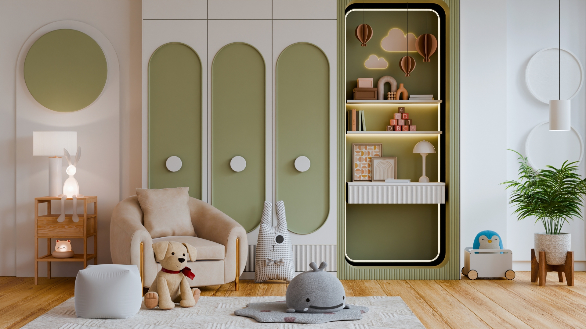 Playful kids room design with smart storage shelves and neutral colors