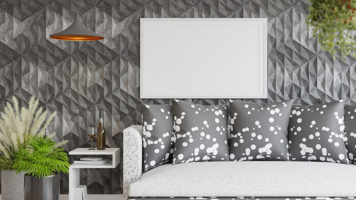 Layered wall with wooden slats, plaster texture, and floating shelves in modern living room 2026