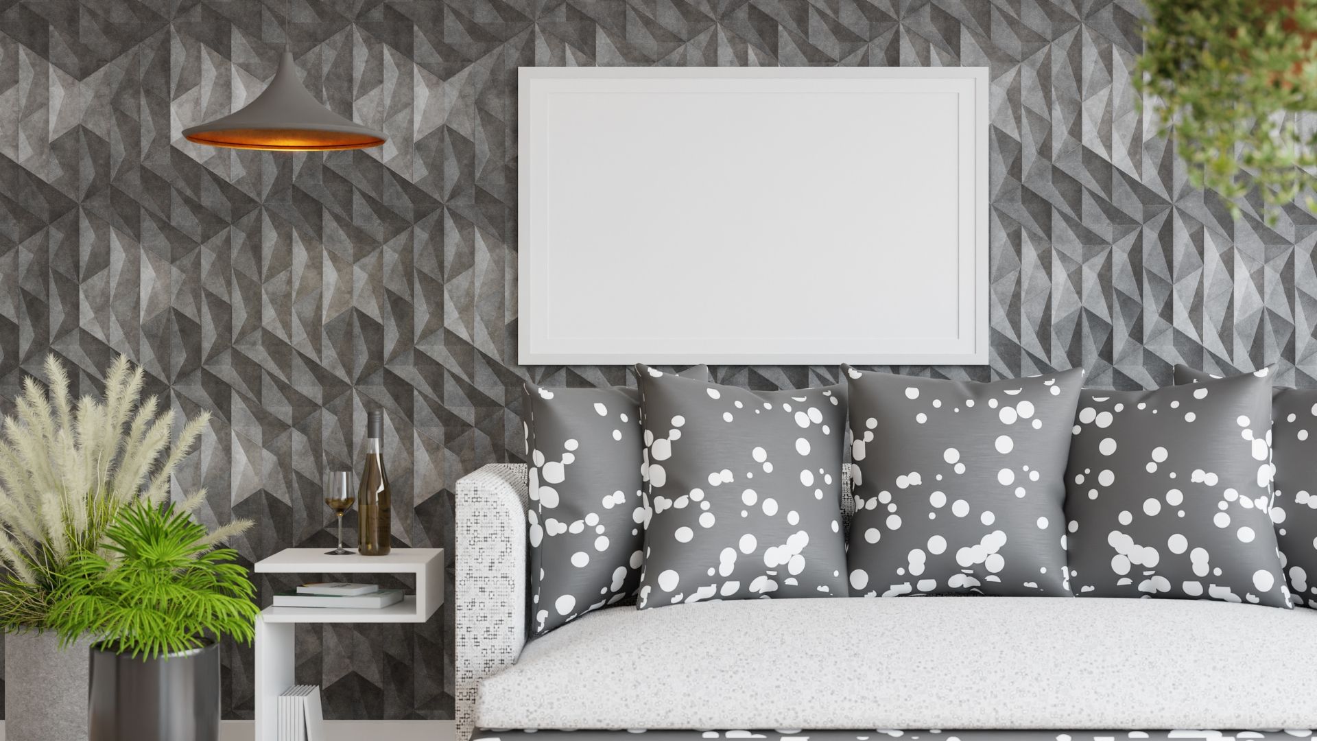 Layered wall with wooden slats, plaster texture, and floating shelves in modern living room 2026