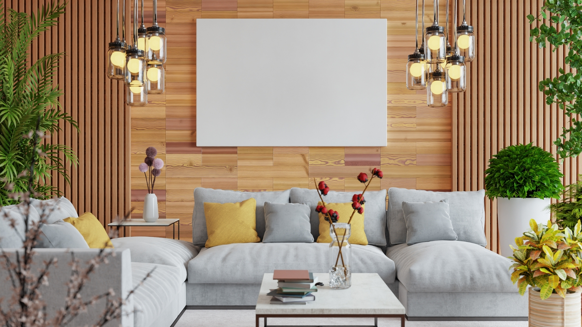 modern living room with sculptural statement chandelier as decor