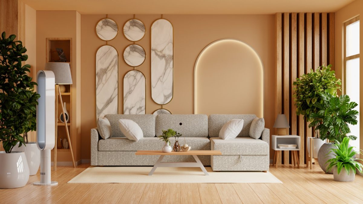Cozy luxury living room with warm neutral tones and modern furniture (2026 trend)