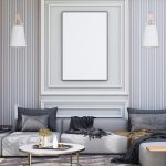 Modern cozy living room with warm neutral colors, curved sofa, layered textures and natural lighting