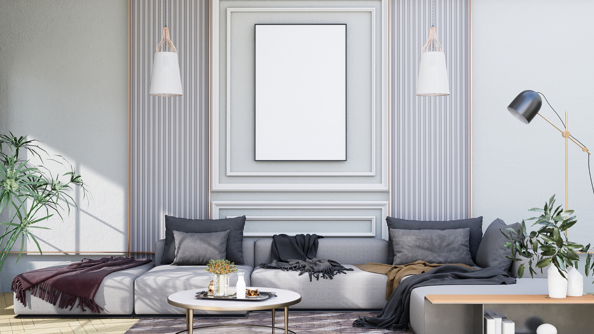 Modern cozy living room with warm neutral colors, curved sofa, layered textures and natural lighting