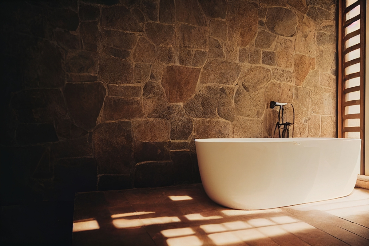 Modern bathroom with natural stone countertop and matching floor tiles