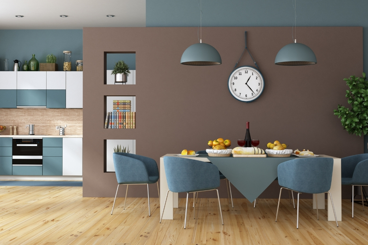 modern kitchen with green painted accent wall and open shelving