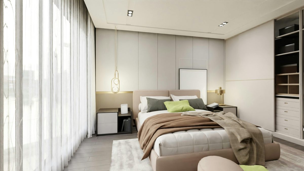 Smart bedroom design with layered lighting, hidden storage, and tech integration