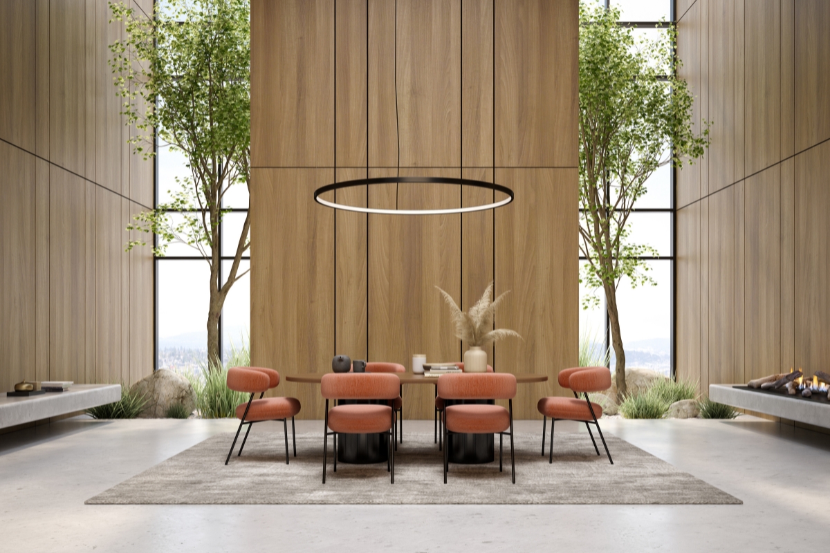 Softer minimalism dining room with oak dining table and neutral chairs 2026 trend