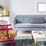 Bold statement sofa in a modern living room with neutral walls