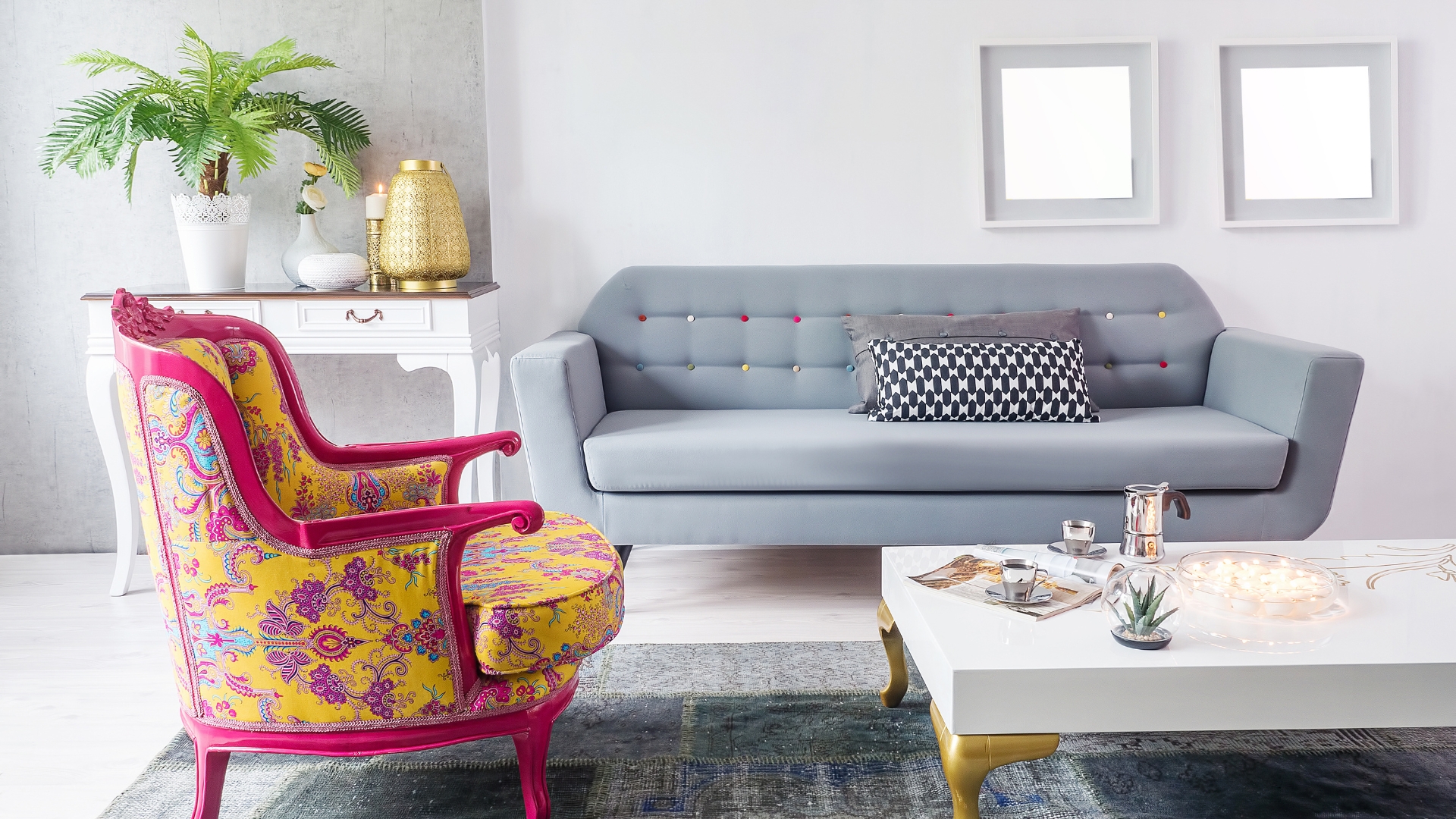 Bold statement sofa in a modern living room with neutral walls