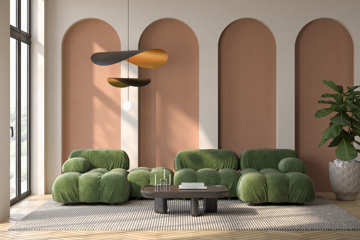 Sculptural floor lamp adding functional and artistic lighting to a modern cozy living room