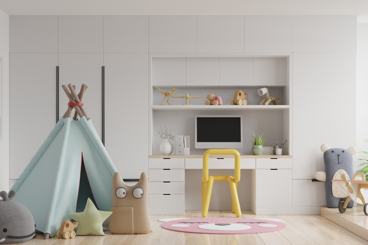 Kids study and learning zone with organized desk and shelves