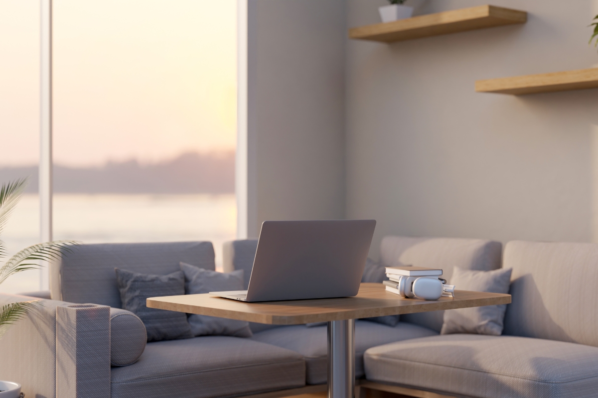 Home office in modern apartment with modular desk and smart storage