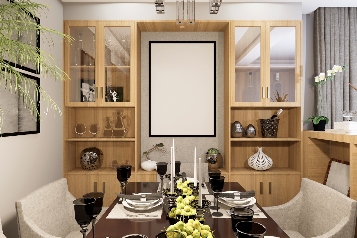Small dining room using vertical space with floating shelves and decorative storage