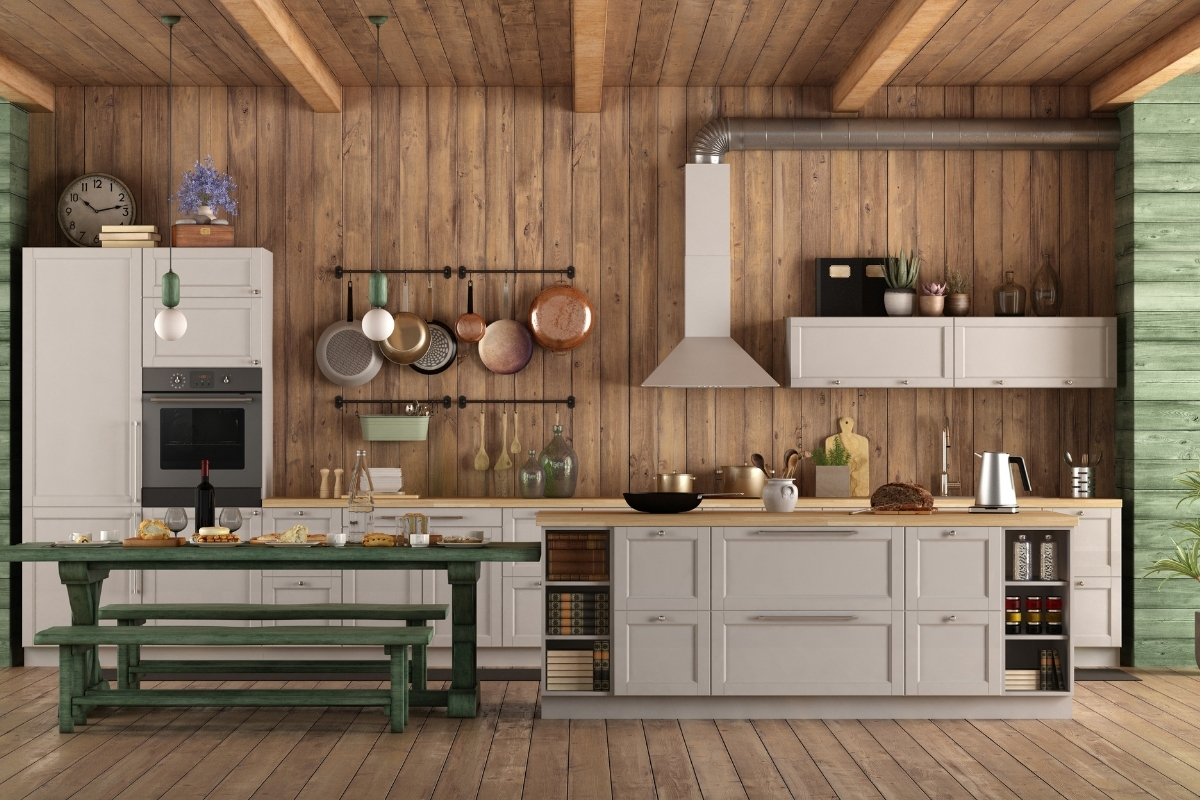 vertical wood slat kitchen wall adding natural warmth to modern space