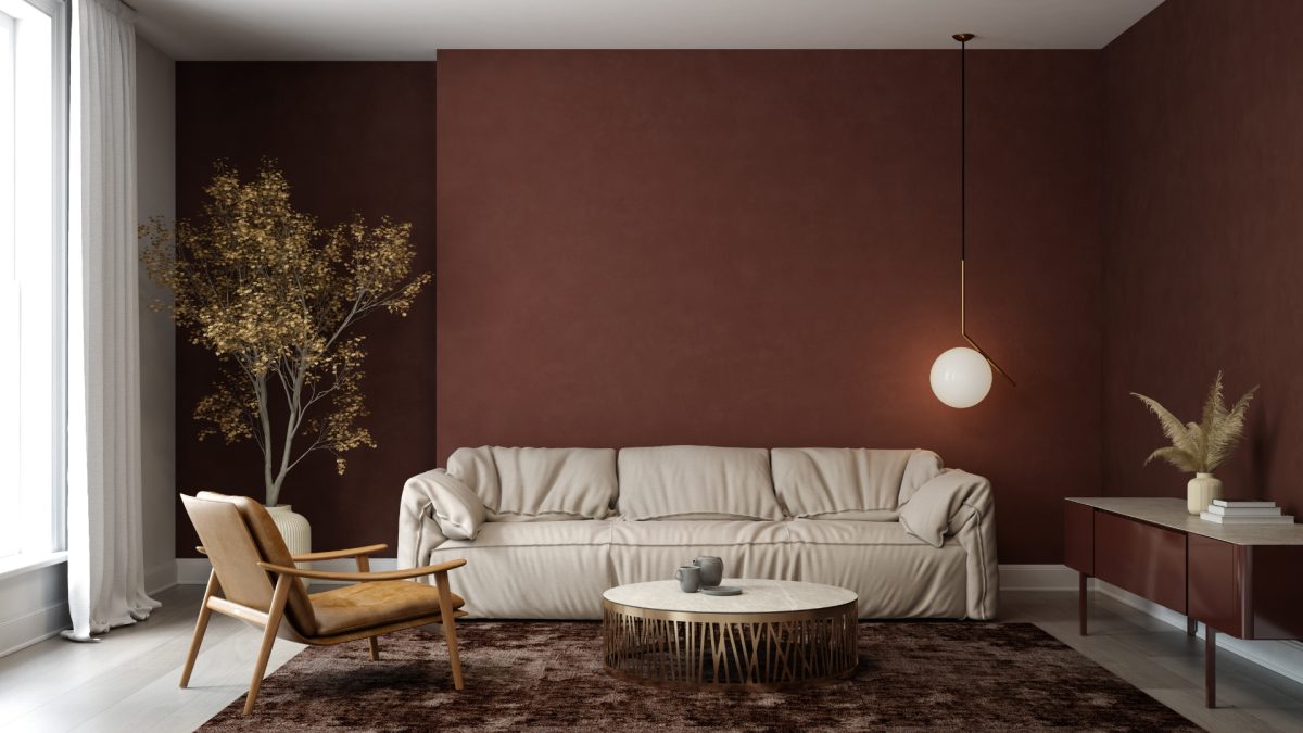 Cozy modern living room with warm color palette and statement furniture