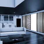 modern wooden slat living room divider separating sofa and dining area
