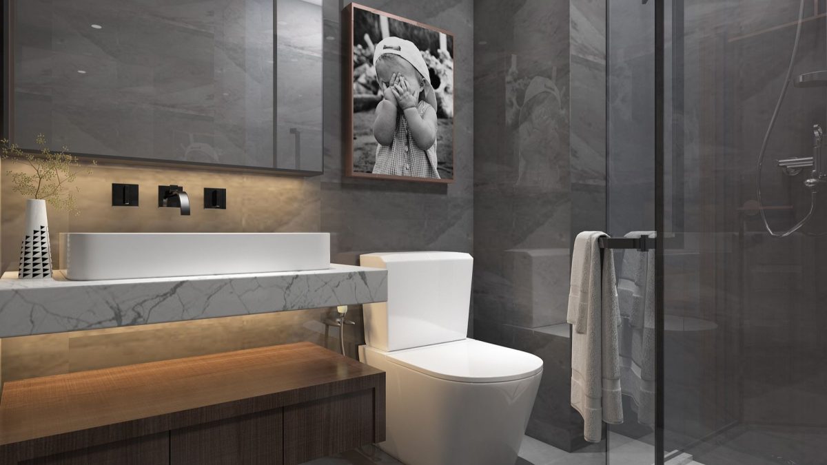 Small bathroom decor ideas with floating shelves and large mirror