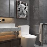 Small bathroom decor ideas with floating shelves and large mirror