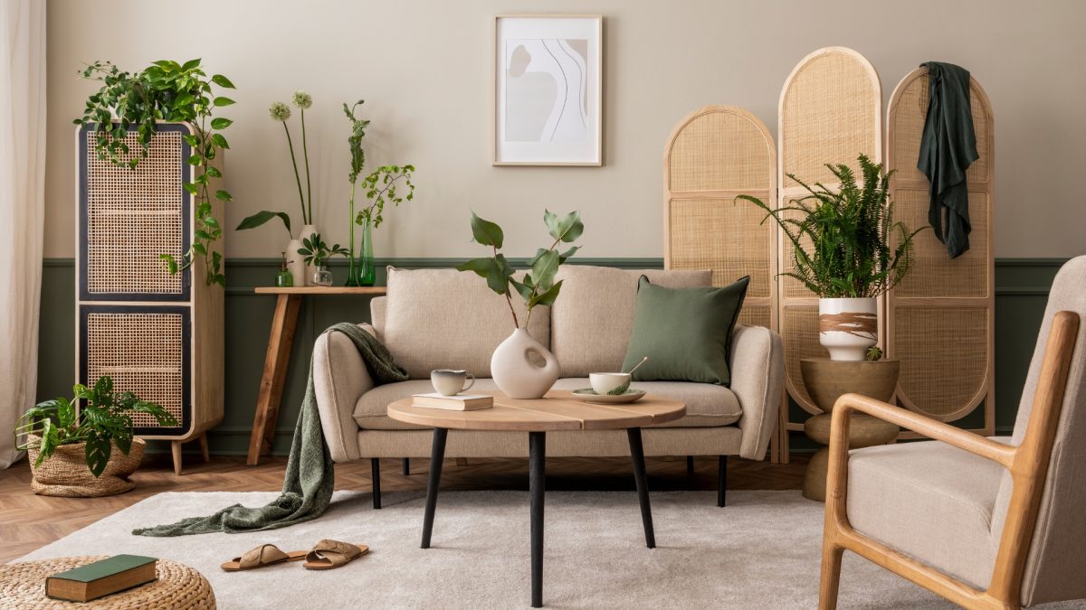 Biophilic living room with indoor plants, natural wood furniture, and modern neutral decor