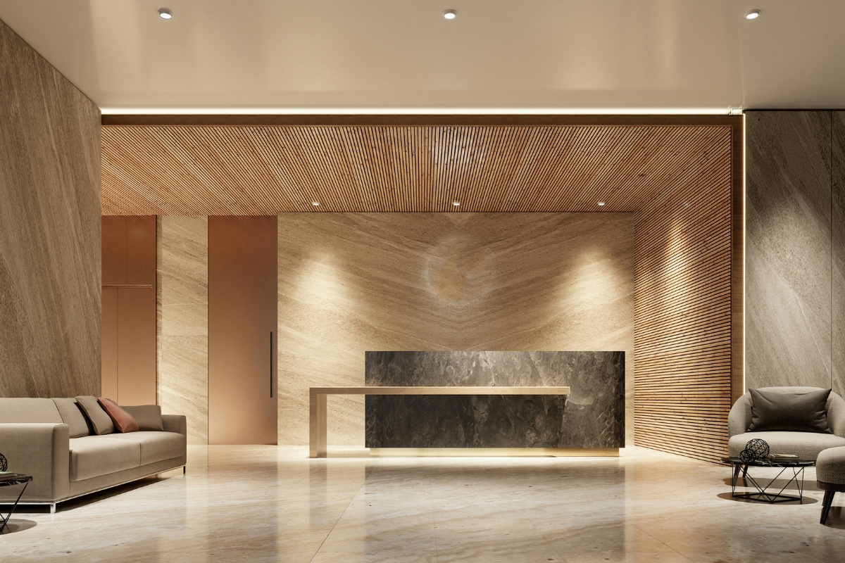 Modern ceiling panels adding texture and depth to a stylish living room