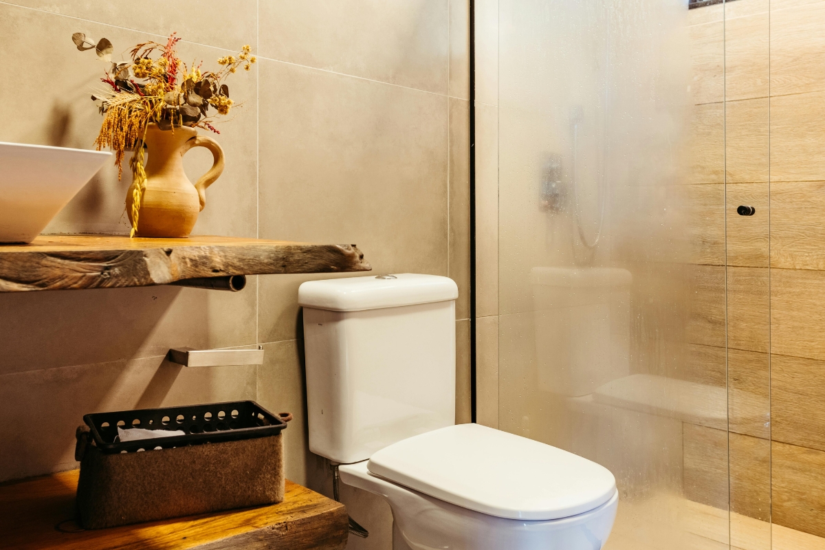 Earth-toned bathroom with brushed brass faucet and matte black fixtures