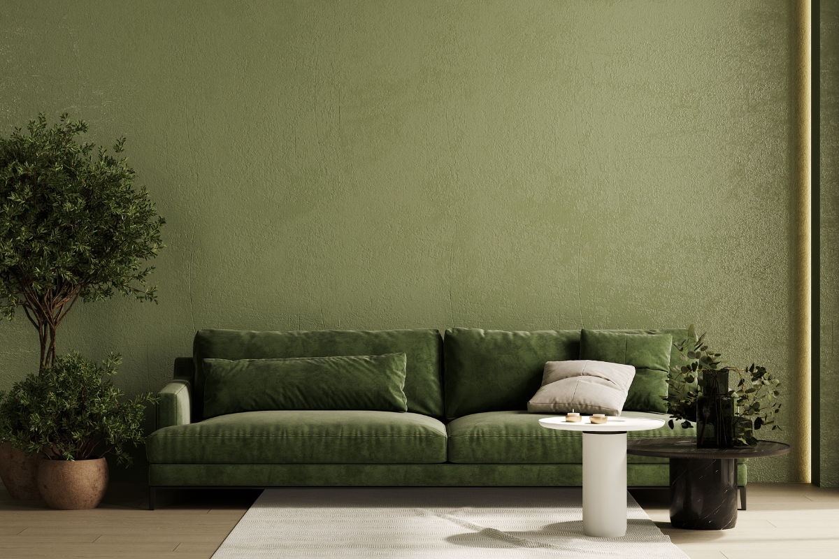 Biophilic living room with nature inspired color palette and earthy tones
