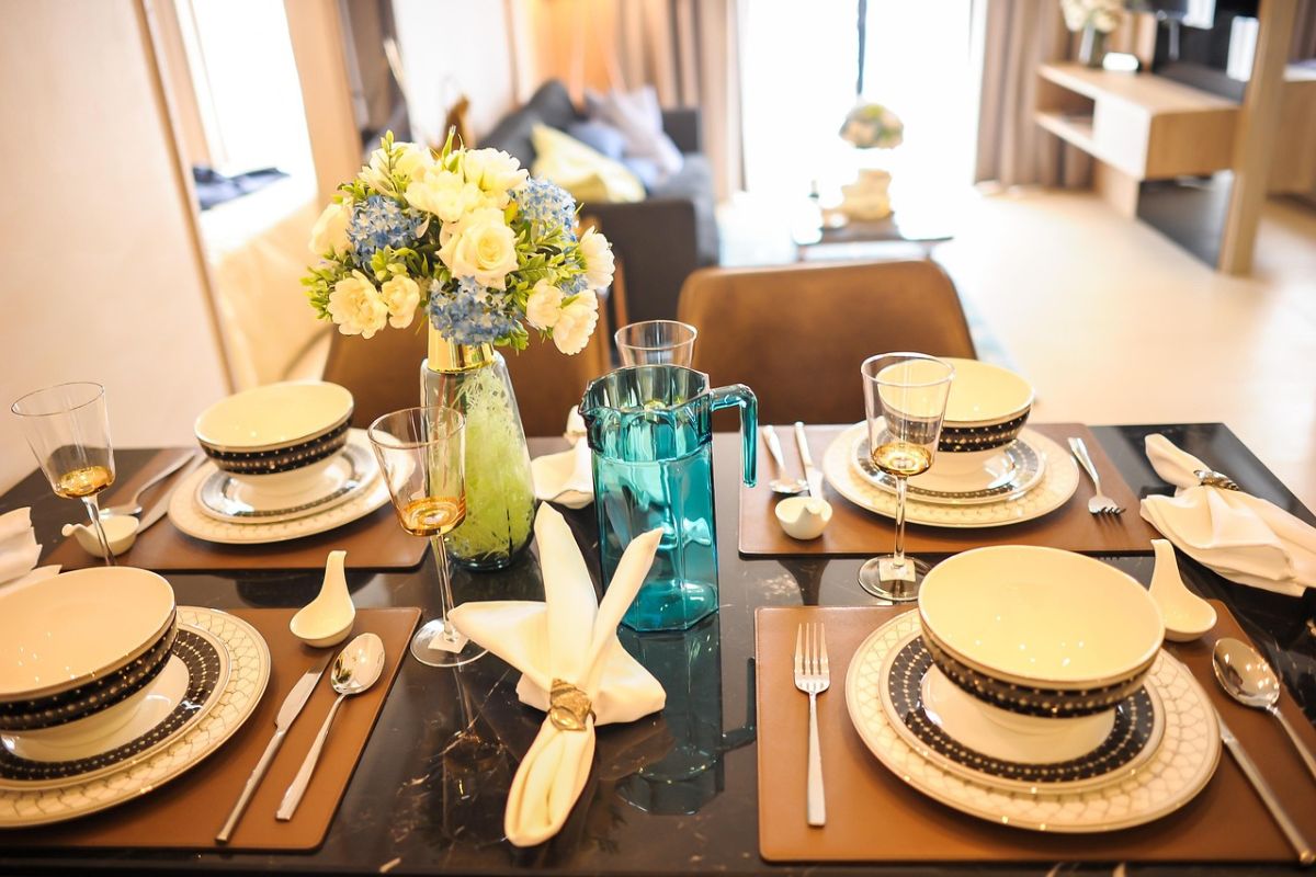 Wooden rectangular dining room table in modern dining room