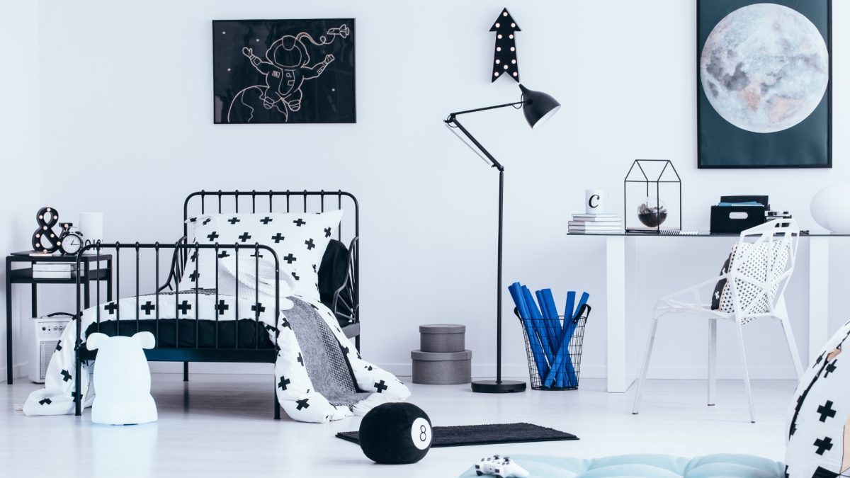Modern kids room designed for learning, play, and rest with calm colors