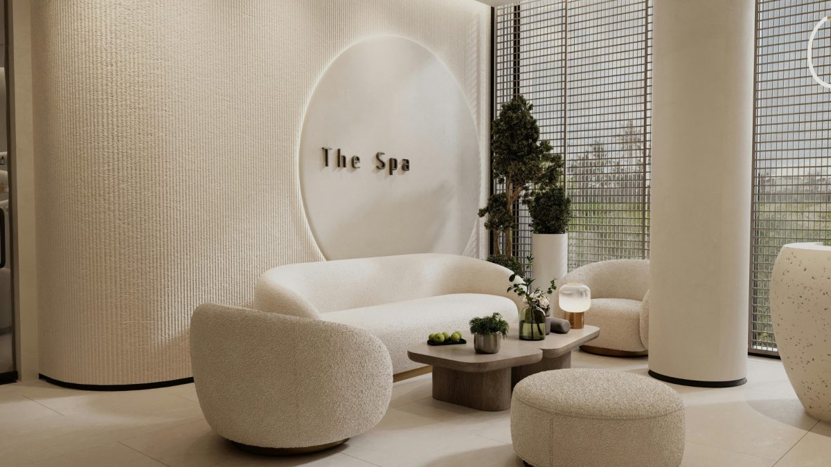 Curved sofa in modern living room with soft neutral decor Round coffee table styling in cozy contemporary interior