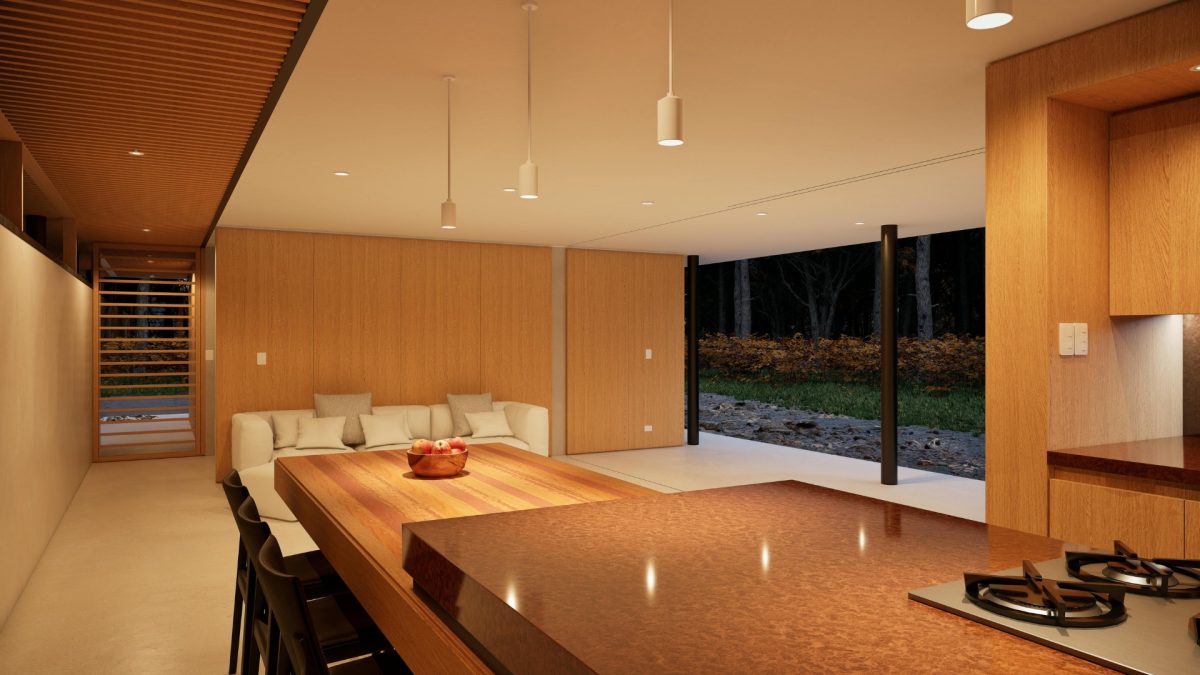 Living room showing layered lighting with ambient ceiling lights, accent LED strips, and a table lamp creating day-to-night mood lighting in a modern home.