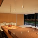 Living room showing layered lighting with ambient ceiling lights, accent LED strips, and a table lamp creating day-to-night mood lighting in a modern home.