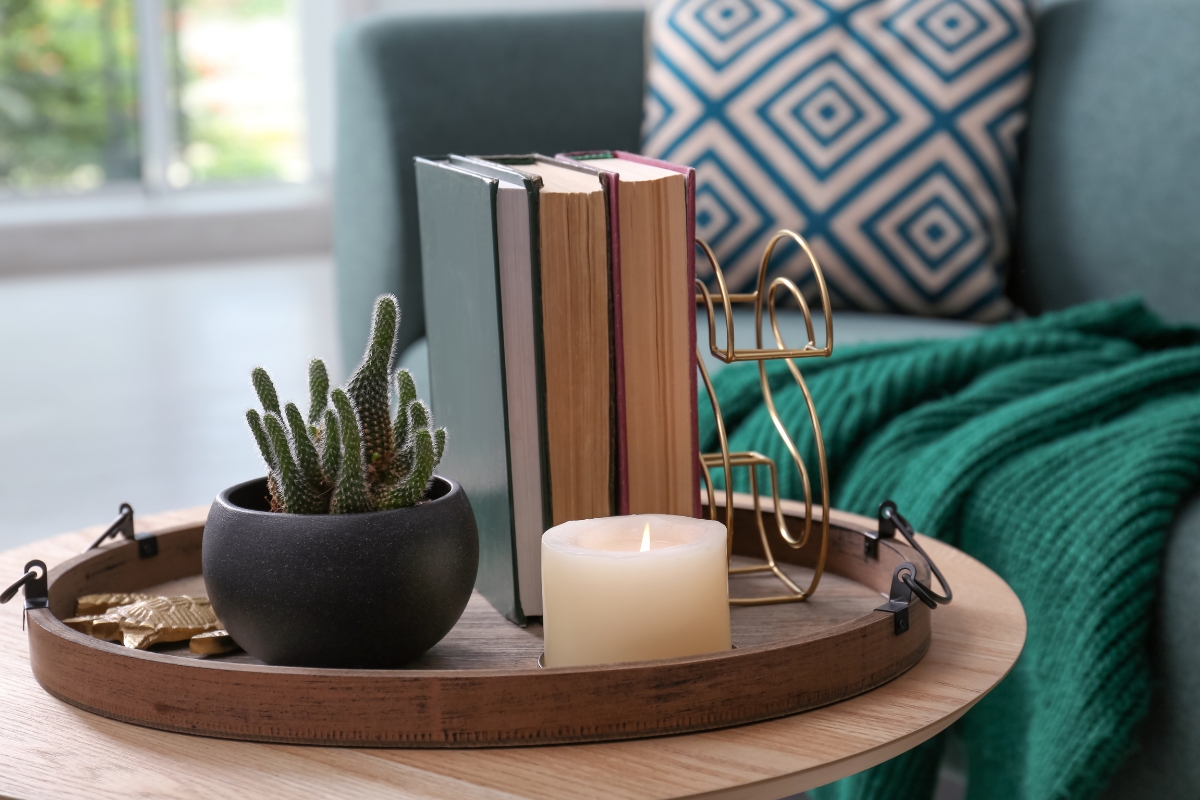 Thoughtful accessories styled in a layered modern living room