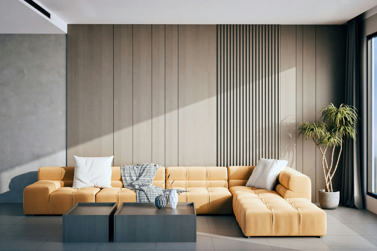 Properly sized oversized wall art centered above a sofa for balanced room design