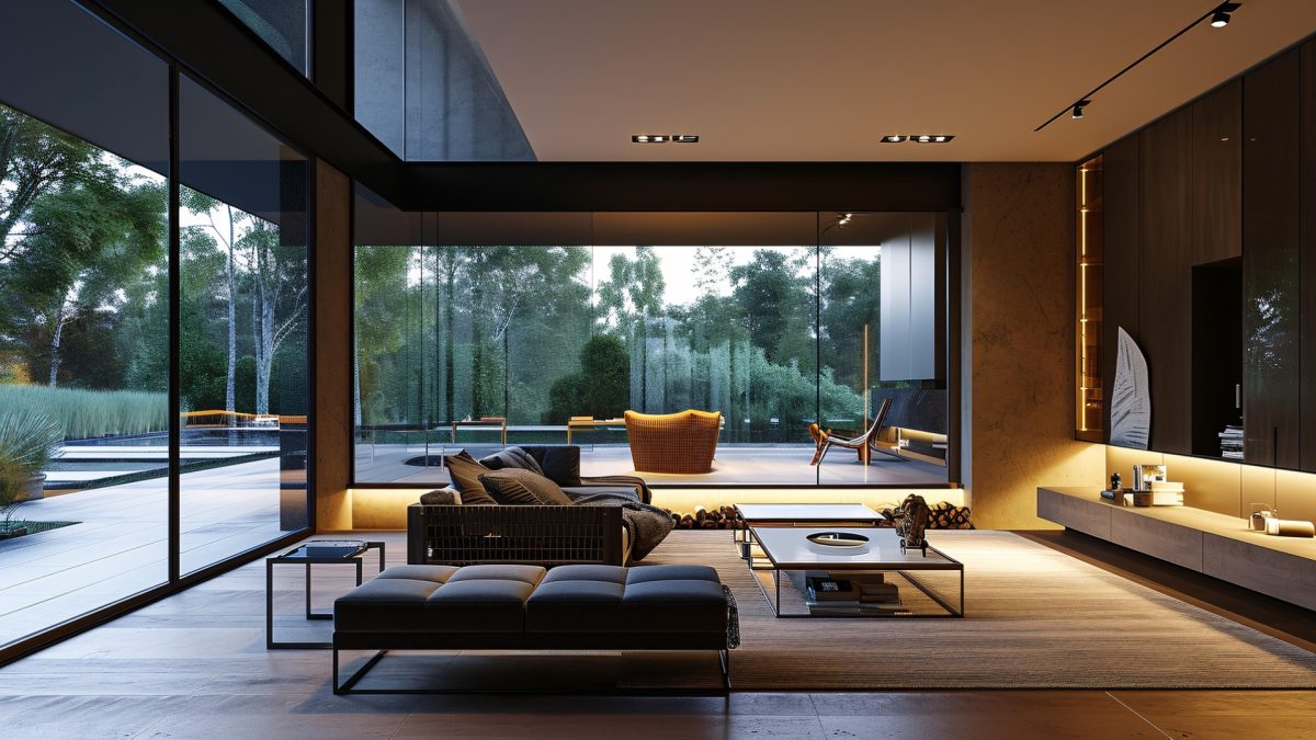 Modern open-concept living room featuring trending 2026 partition styles, including glass panels, wooden slats, and metal dividers separating living and dining areas.