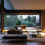 Modern open-concept living room featuring trending 2026 partition styles, including glass panels, wooden slats, and metal dividers separating living and dining areas.