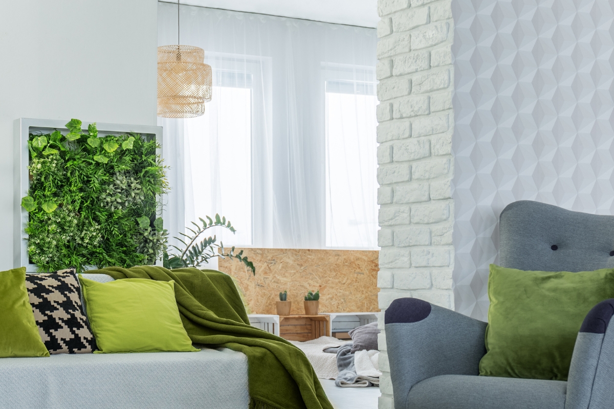 Low maintenance indoor plants styled in a modern biophilic living room