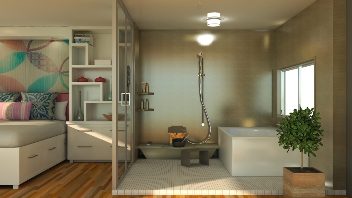 Japandi bathroom with curved floating wood vanity and oval mirror