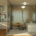 Japandi bathroom with curved floating wood vanity and oval mirror