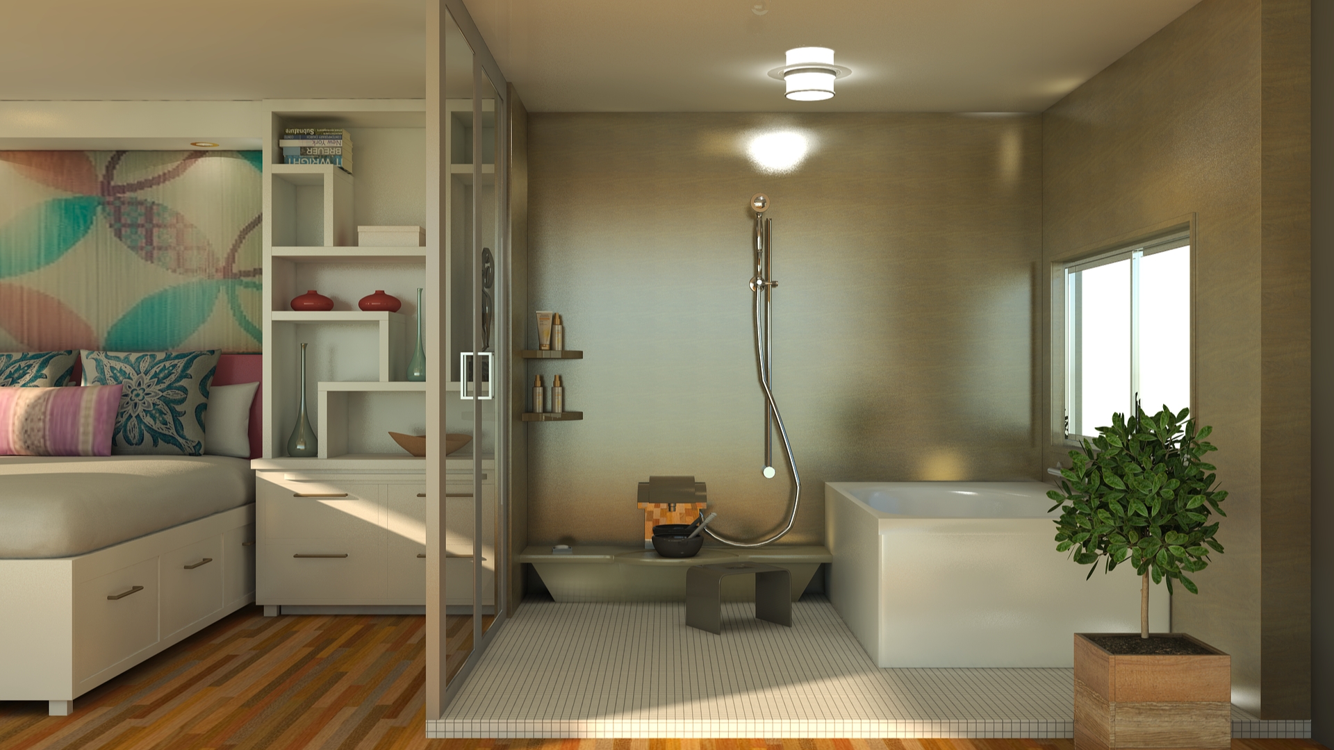 Japandi bathroom with curved floating wood vanity and oval mirror