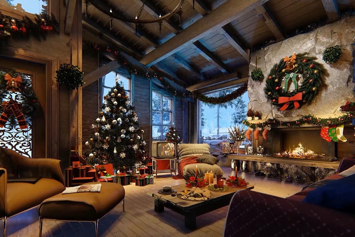 Living room styled with layered throws, pillows, and rugs for winter warmth
