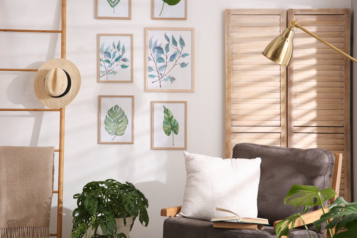 Layered wall art arrangement adding visual interest to a modern living room