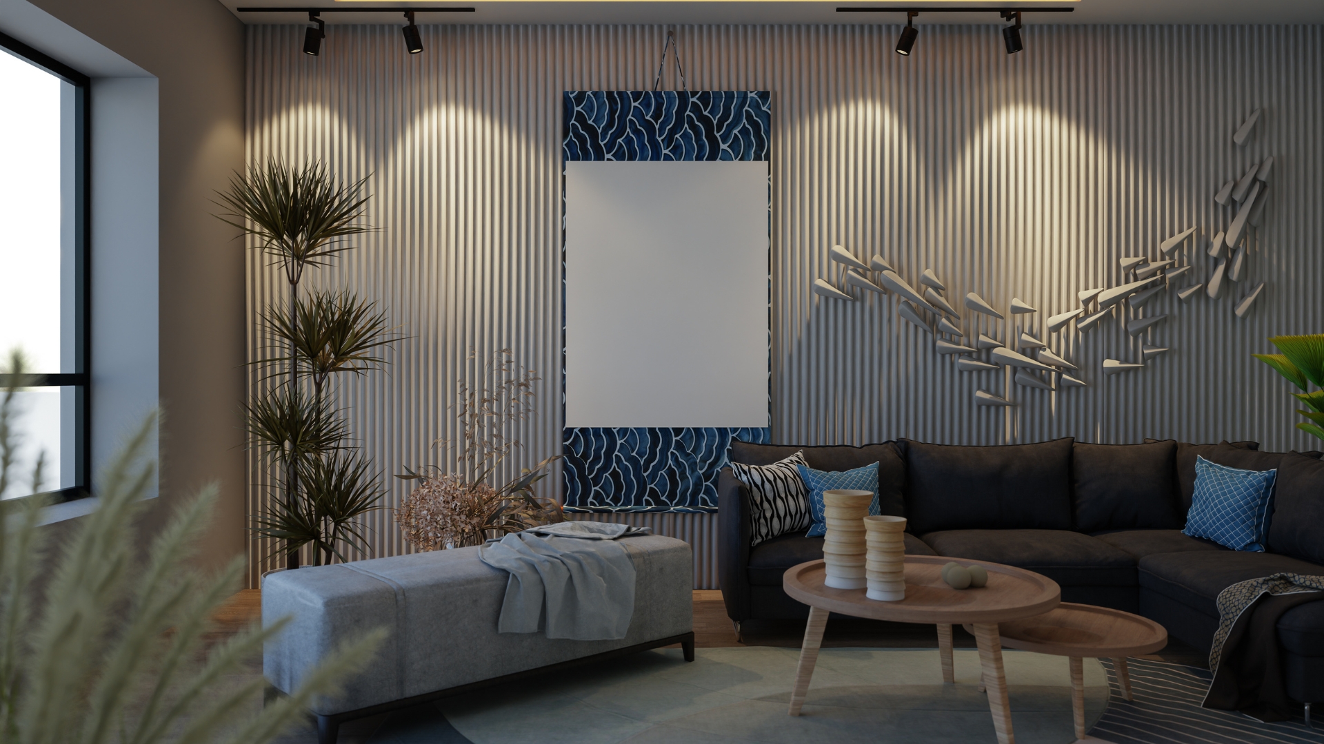 Layered living room styling with textured textiles, wall art, and warm lighting