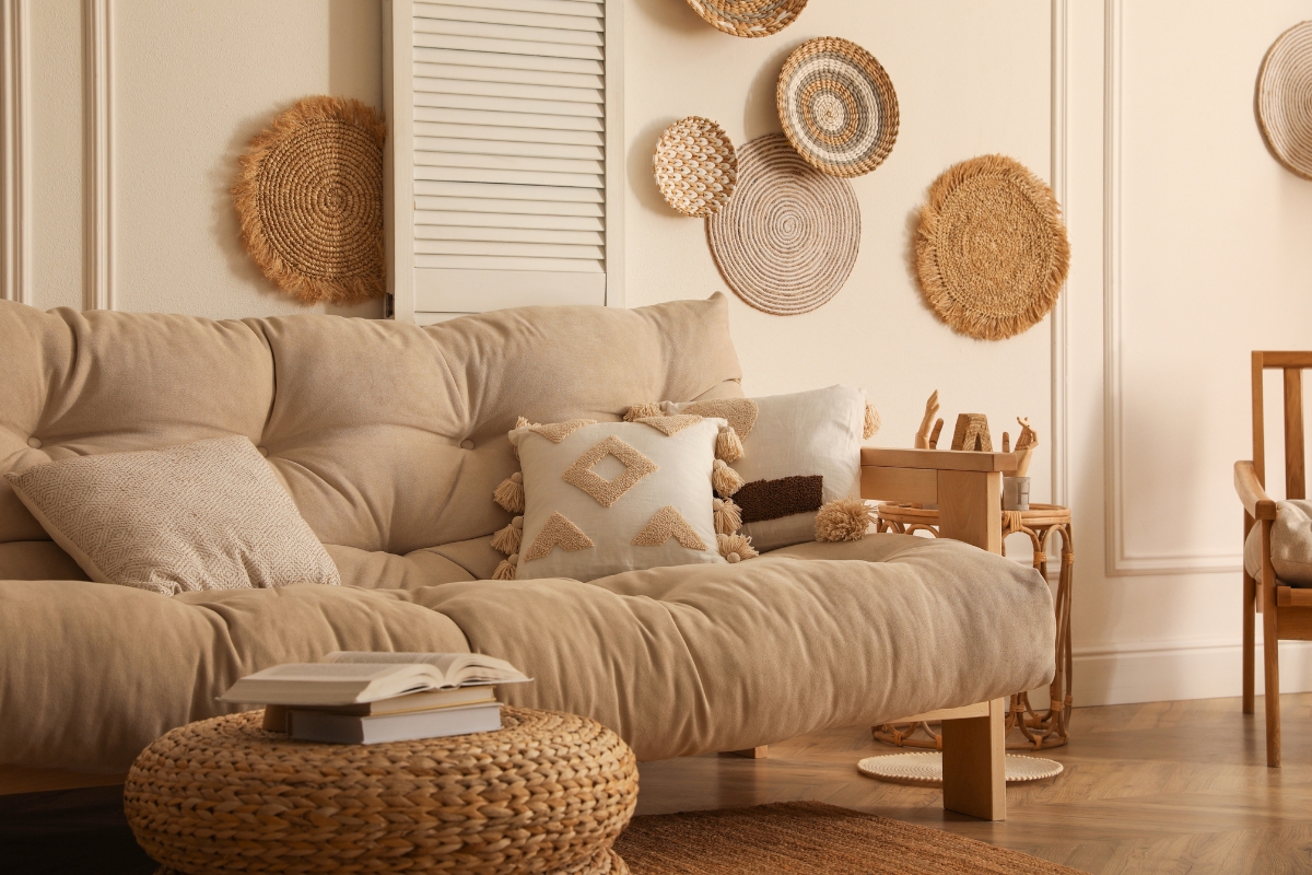 Layered living room styling with textures, decor accents, and soft lighting