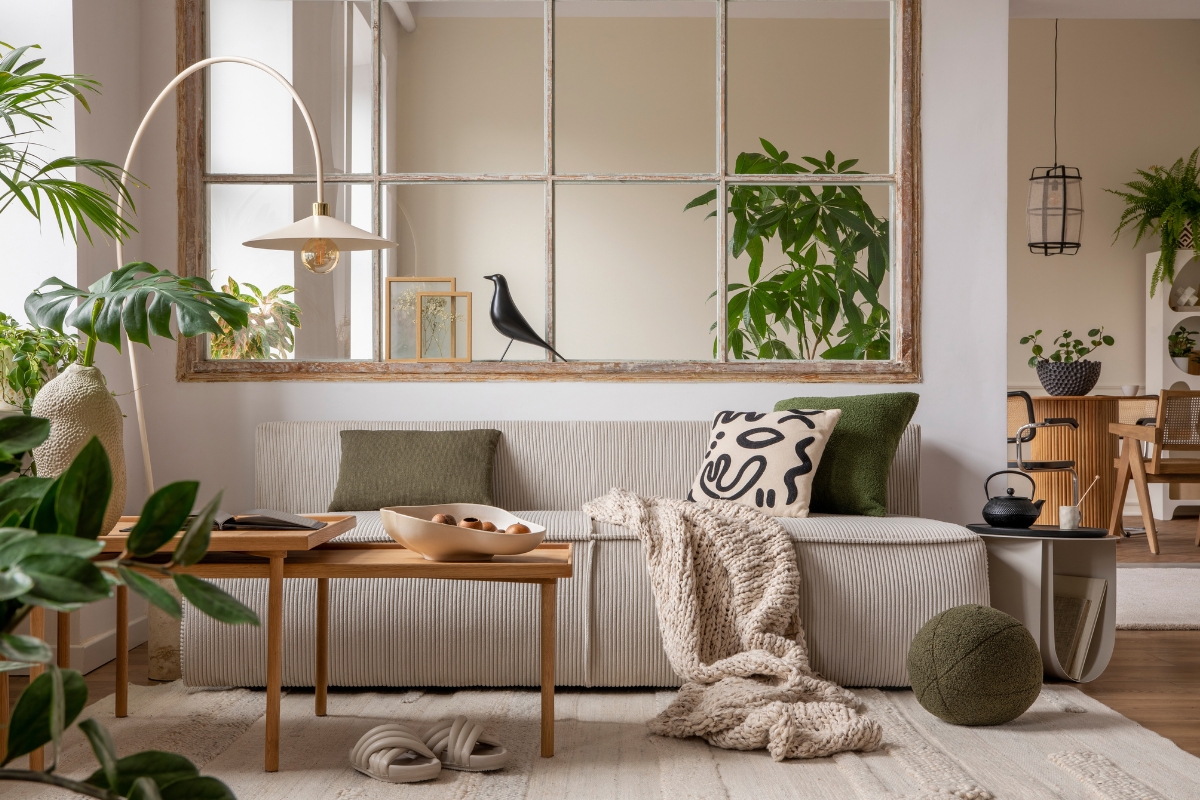 Biophilic living room filled with natural light and soft modern decor