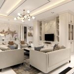 Modern 2026 living room decor featuring neutral tones, contemporary sofa, textured throw pillows, warm ambient lighting, stylish coffee table, and fresh minimalist design elements.